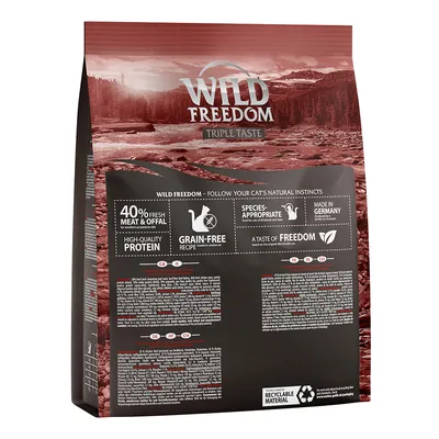Wild Freedom Triple Taste dry food with 40% fresh meat and offal, high-quality protein, grain-free recipe, species-appropriate, made in Germany, recyclable material.