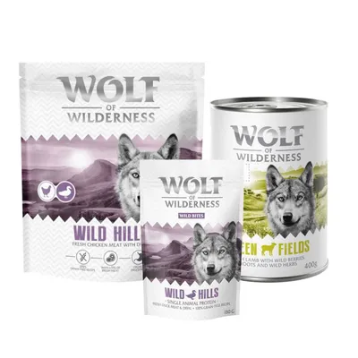 Pack de prueba mixto Wolf of Wilderness: pienso + comida húmeda + snacks