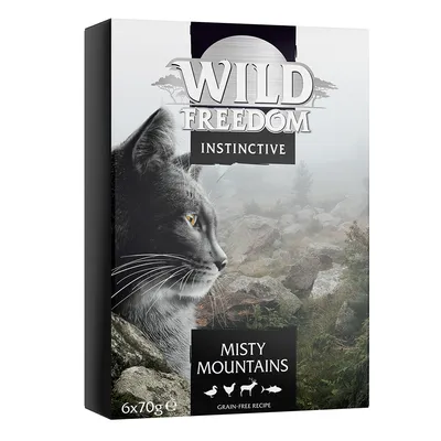 Wild Freedom Instinctive Misty Mountains, getreidefreie Rezeptur, 6x70g. Verpackung zeigt Katze und Berglandschaft.