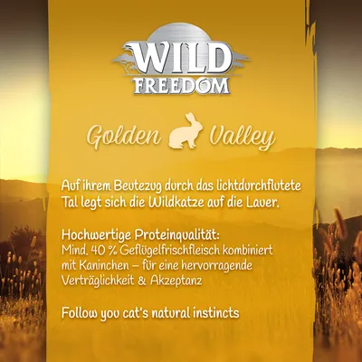 Wild Freedom Golden Valley. Legalább 40% friss baromfihús nyúllal a kiváló tolerancia és elfogadás érdekében. Kövesse macskája természetes ösztöneit.