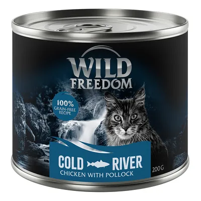 Wild Freedom Cold River, 200 g. Chicken with pollock. 100% grain-free recipe. Na etykiecie widoczny kot i wodospad.