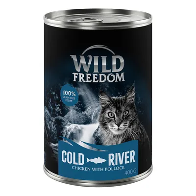 Wild Freedom Cold River, chicken with pollock, 400 g. 100% grain-free recipe. Na etykiecie widoczny kot i wodospad. Wild Freedom Cold River, chicken with pollock, 400 g. 100% grain-free recipe. Na etykiecie widoczny kot i wodospad.