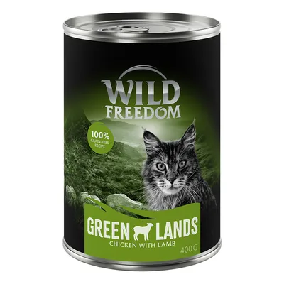 Wild Freedom Green Lands Chicken with Lamb 400 g, 100% grain-free recipe, puszka z wizerunkiem kota na tle zielonego krajobrazu Wild Freedom Green Lands Chicken with Lamb 400 g, 100% grain-free recipe, puszka z wizerunkiem kota na tle zielonego krajobrazu