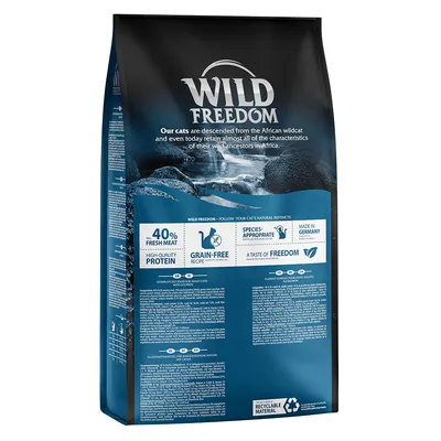 Wild Freedom dry food bag showing 40% fresh meat, high-quality protein, grain-free recipe, species-appropriate, made in Germany, recyclable material, and a taste of freedom.