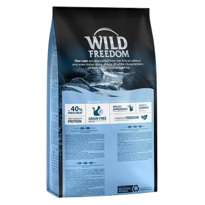 Wild Freedom cat food packaging, visible text: min. 40% fresh meat, high-quality protein, grain-free recipe, species-appropriate, made in Germany, a taste of freedom, recyclable material.