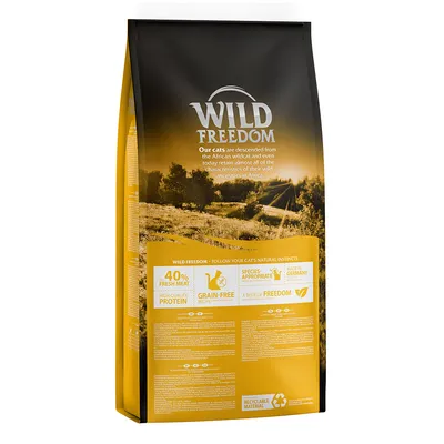 Wild Freedom Katzenfutter, 40% frisches Fleisch, getreidefrei, artgerecht, hergestellt in Deutschland, recycelbares Material. Beschreibung und Nährwertangaben auf der Verpackung.