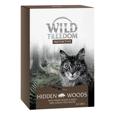 Wild Freedom Instinctive Hidden Woods kattefoder, med frisk muskelkød, 100 % kornfri opskrift, 6 x 140 g. Billede af kat og skov på emballagen.
