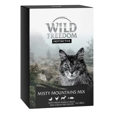 Wild Freedom Instinctive Misty Mountains Mix, med färskt muskelkött, 100 % spannmålsfritt recept, 6 x 140 g. Bild på katt och bergslandskap.