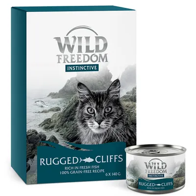 Wild Freedom Instinctive Rugged Cliffs, riche en poisson frais, recette sans céréales, 6 x 140 g. Boîte et conserve visibles avec image de chat et paysage rocheux.