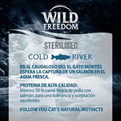 Wild Freedom Sterilised Cold River. Proteína de alta calidad: mínimo 30 % carne fresca de pollo con salmón, para una tolerancia y aceptación excelentes.