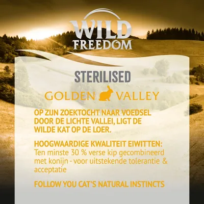 Wild Freedom STERILISED GOLDEN VALLEY. Ten minste 30% verse kip gecombineerd met konijn – voor uitstekende tolerantie & acceptatie. Follow your cat’s natural instincts.