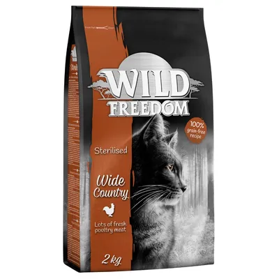 Wild Freedom Sterilised Wide Country, 100 % viljaton resepti, paljon tuoretta siipikarjanlihaa, 2 kg pakkaus.