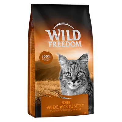 Sac de croquettes pour chat Wild Freedom Senior Wide Country, 100% grain-free recipe, lots of fresh poultry meat, 2 kg. Image d’un chat sur l’emballage.