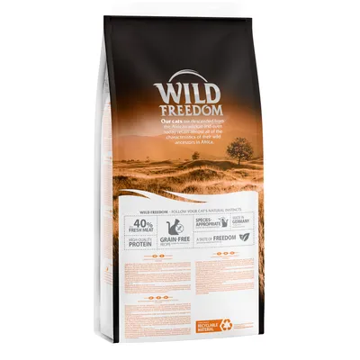 Wild Freedom kattefoder, 40 % fresh meat, high-quality protein, grain-free recipe, species-appropriate, made in Germany, recyclable material. Tekst på engelsk synlig på emballagen.