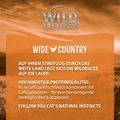 Wild Freedom Wide Country. Auf ihrem Streifzug durch das weite Land legt sich die Wildkatze auf die Lauer. Hochwertige Proteinqualität: 41 % Geflügelfrischfleisch kombiniert mit Geflügelprotein.