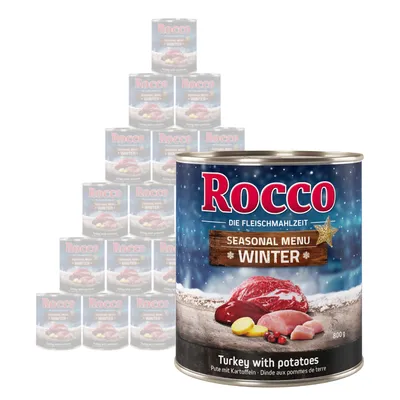 Conservă Rocco Seasonal Menu Winter, 800 g, Turkey with potatoes. Etichetă cu carne de curcan, cartofi și text în engleză și germană. Pachet multiplu vizibil în fundal.
