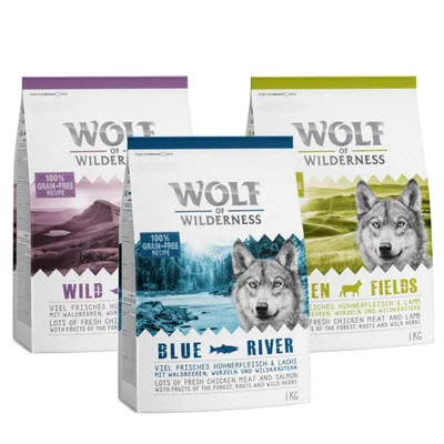 Wolf of Wilderness száraz kutyatáp csomagolás: Wild, Blue River, Green Fields változatok, 1 kg, 100% grain-free recipe felirattal