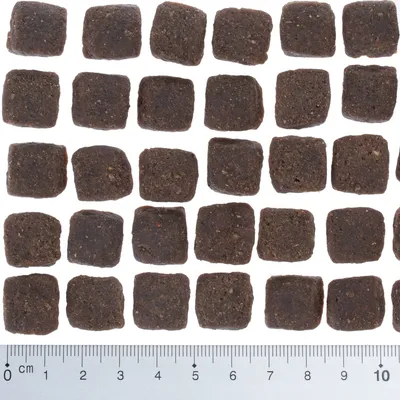 Čtvercové granule tmavé barvy uspořádané vedle sebe, dole měřítko v centimetrech od 0 do 10 pro porovnání velikosti.