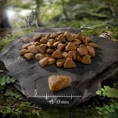 Dreieckige Kroketten auf Steinplatte, Maßangabe 15-17 mm sichtbar.