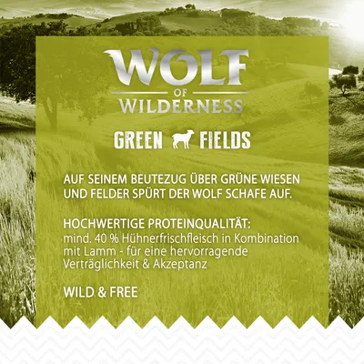 Wolf of Wilderness Green Fields. Hochwertige Proteinqualität: mind. 40 % Hühnerfrischfleisch in Kombination mit Lamm für hervorragende Verträglichkeit und Akzeptanz. Wild & Free.