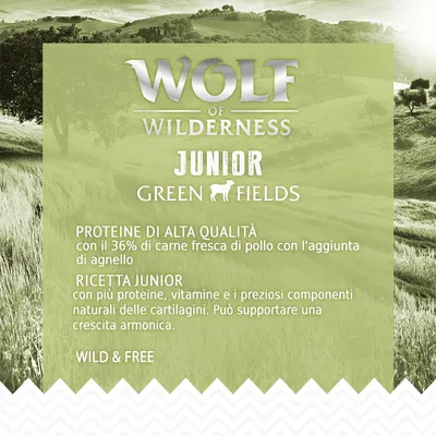 Wolf of Wilderness Junior Green Fields. Proteine di alta qualità con il 36% di carne fresca di pollo e agnello. Ricetta junior con più proteine, vitamine e componenti naturali delle cartilagini.