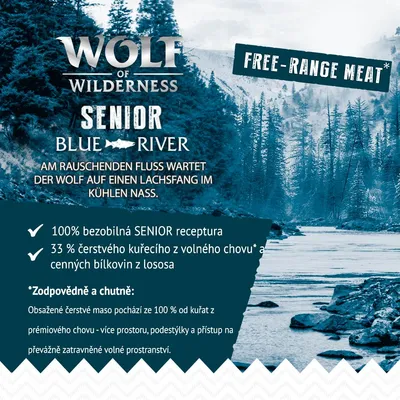 Wolf of Wilderness Senior Blue River. 100% bezobilná SENIOR receptura, 33 % čerstvého kuřecího z volného chovu a bílkoviny z lososa. Free-range meat. Text v němčině.