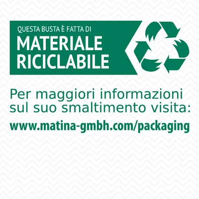 Questa busta è fatta di materiale riciclabile. Per maggiori informazioni sul suo smaltimento visita: www.matina-gmbh.com/packaging