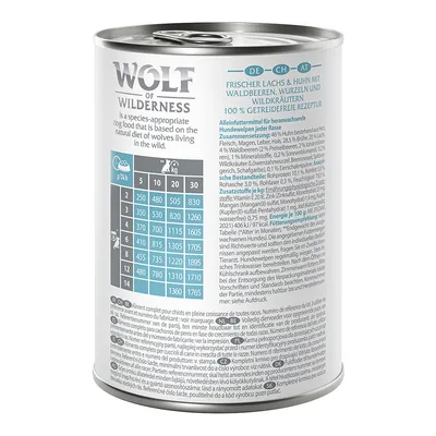 Wolf of Wilderness nedves eledel kutyáknak, friss lazac és csirke erdei bogyókkal, 100% gabonamentes receptúra, etetési táblázat súly szerint látható.