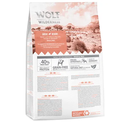 Корм Wolf of Wilderness Great Desert. 40% свежее мясо, без зерна, произведено в Германии. Упаковка из перерабатываемого материала. Видимый текст на английском языке.