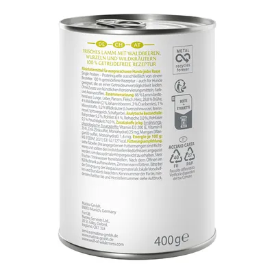 Dose mit der Aufschrift: Frisches Lamm mit Waldbeeren, Wurzeln und Wildkräutern. 100% getreidefreie Rezeptur. Inhalt: 400g. Fütterungsempfehlung und analytische Bestandteile sichtbar.