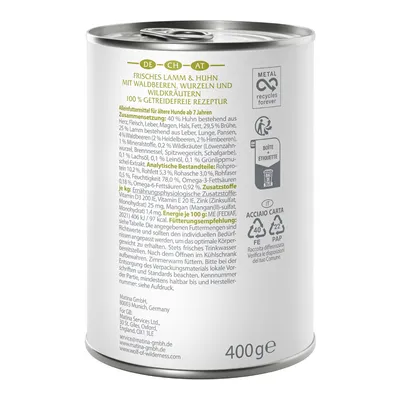 Dose mit der Aufschrift: Frisches Lamm & Huhn, Waldbeeren, Wurzeln und Wildkräuter. 100% getreidefreie Rezeptur. Alleinfuttermittel für ältere Hunde ab 7 Jahren. Inhalt: 400g.