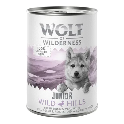 Wolf of Wilderness Junior Wild Hills, 100% bezobilná receptura, čerstvá kachna a telecí s lesními plody, kořeny a bylinkami, 400g konzerva.