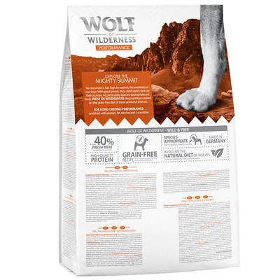 Wolf of Wilderness Performance hrană pentru câini. 40% carne proaspătă, fără cereale, potrivită speciei, produsă în Germania, bazată pe dieta naturală a lupilor.