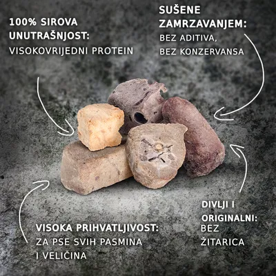100% sirova unutrašnjost, visokovrijedni protein; sušene zamrzavanjem bez aditiva i konzervansa; visoka prihvatljivost za pse svih pasmina i veličina; bez žitarica.