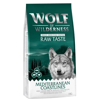 Wolf of Wilderness Mediterranean Coastlines, 1kg. Liofilizzato con rivestimento crudo, senza cereali né patate, con trota, agnello e pollo. Ricco di amminoacidi essenziali.
