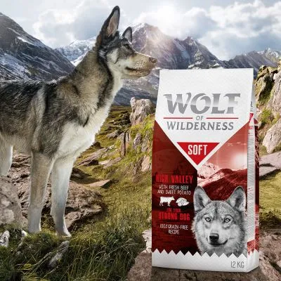 Zak Wolf of Wilderness Soft High Valley hondenvoer, 12 kg. Tekst: met vers rundvlees en zoete aardappel, voor sterke hond, 100% graanvrij recept.