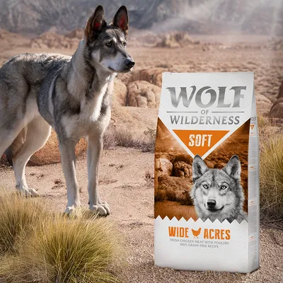 Wolf of Wilderness Soft Wide Acres. Färskt kycklingkött med fågel, 100 % spannmålsfritt recept.