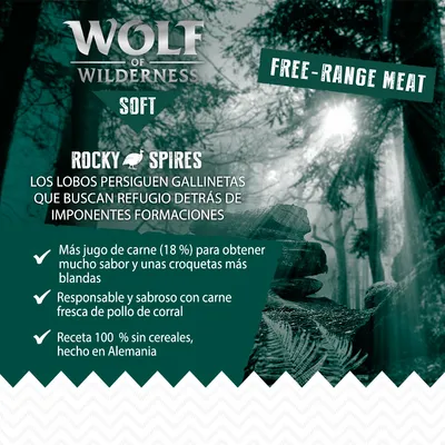 Wolf of Wilderness Soft Rocky Spires. Free-Range Meat. Más jugo de carne (18 %), carne fresca de pollo de corral, receta 100 % sin cereales, hecho en Alemania.