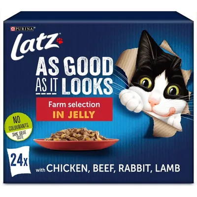 Purina Latz As Good As It Looks Farm selection in jelly, 24 annosta. Kanalla, naudalla, kanilla ja lampaanlihalla. Ei väriaineita. Englanninkielinen pakkaus.