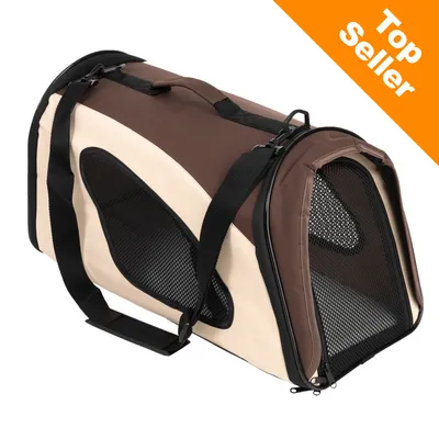 Borsa trasportino in tessuto beige e marrone con inserti in rete nera, manici e tracolla regolabile. Testo visibile: Top Seller.
