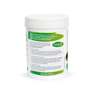 YuMOVE Dog -ravintolisä koirille, 300 Tasty Tablets. Teksti englanniksi: tukee nivelten terveyttä ja liikkuvuutta, sisältää ActiveEase Green Lipped Mussel -uutetta.