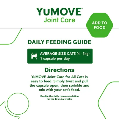 YuMOVE Joint Care. DAILY FEEDING GUIDE: AVERAGE-SIZE CATS (4–5 kg) 1 capsule per day. ADD TO FOOD. Double the daily recommendation for the first 4–6 weeks. Tekst på engelsk.