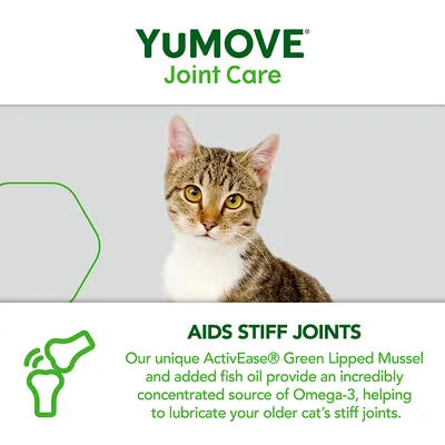 YuMOVE Joint Care aids stiff joints with ActivEase Green Lipped Mussel and fish oil, providing Omega-3 to help lubricate older cats’ joints.