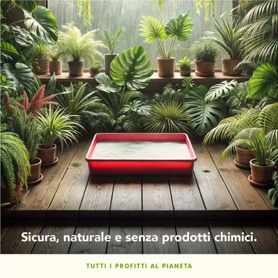 Lettiera in vaschetta rossa su pavimento di legno, circondata da piante. Testo visibile: 'Sicura, naturale e senza prodotti chimici.' e 'TUTTI I PROFITTI AL PIANETA'.