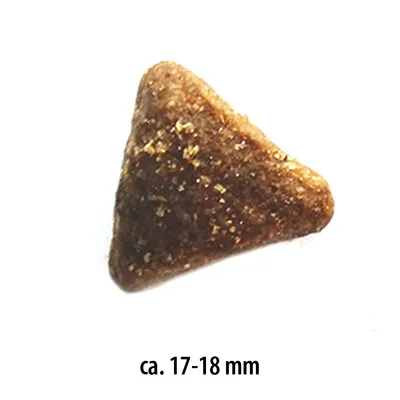 Kolmionmuotoinen kuivaruokanappula, koko noin 17–18 mm.