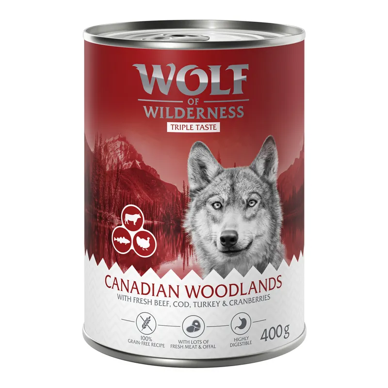 Pack Ahorro: Wolf of Wilderness 24 x 400 g - Canada, con vacuno, bacalao y pavo