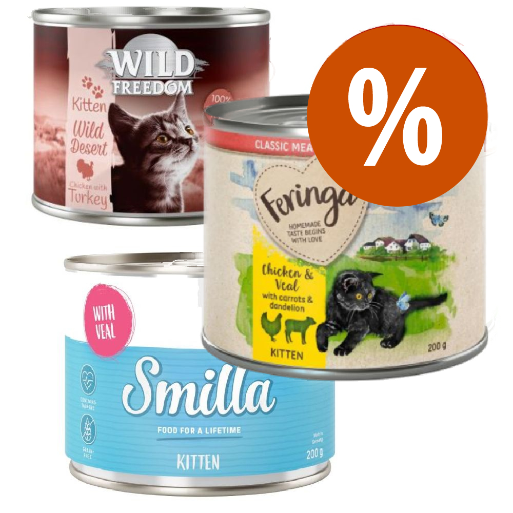 Štartovací balíček pre mačiatka 18 x 200 g Smilla + Wild Freedom + Feringa - 6 x Smilla teľacie + 6 x Wild Freedom Wild Desert + 6 x Feringa morčacie
