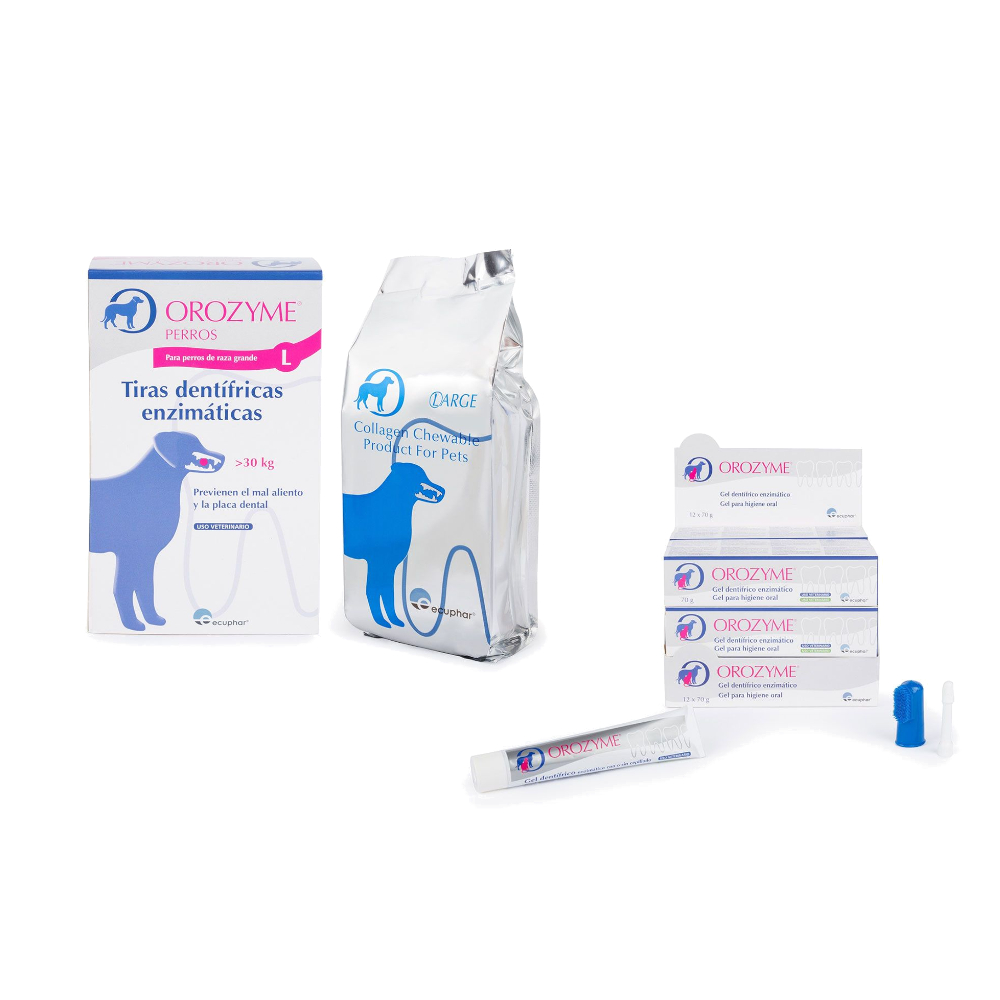 

Orozyme tiras dentífricas para perros + gel dentífrico Orozyme ¡gratis! - Tiras para perros grandes (2 x 141 g) + gel dentífrico (70 g)
