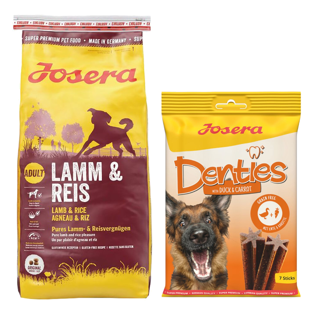 Josera torrfoder + 180 g Denties på köpet! – Lamm & ris 15 kg+ Denties med anka & morot 180 g