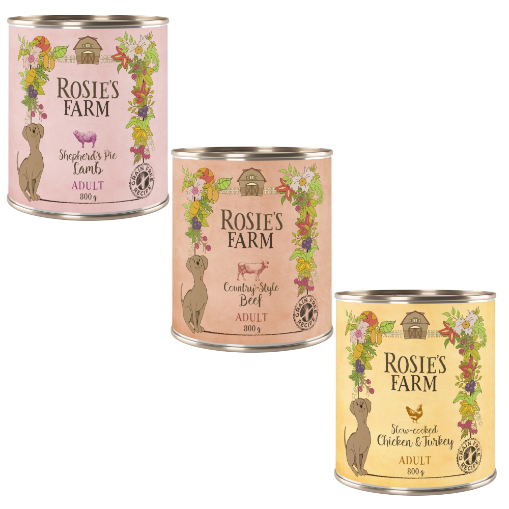 Výhodné balení Rosie's Farm Adult 24 x 800 g - míchané balení (kuřecí, hovězí, jehněčí)